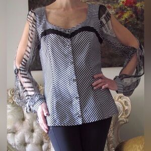 Save the Queen! Silk Cotton Black White Stripe Art To Wear Avant Garde Blouse XL